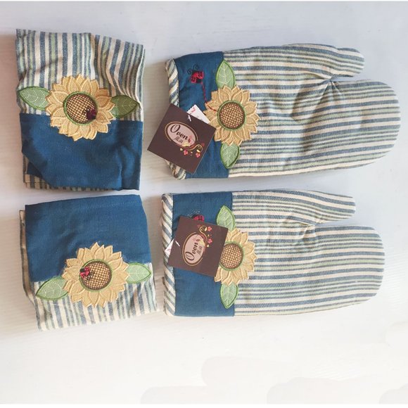 HTF Oven Mitt Set + 2 Towels 🌻 Embroidered Sun Flowers & Bees - Picture 1 of 6